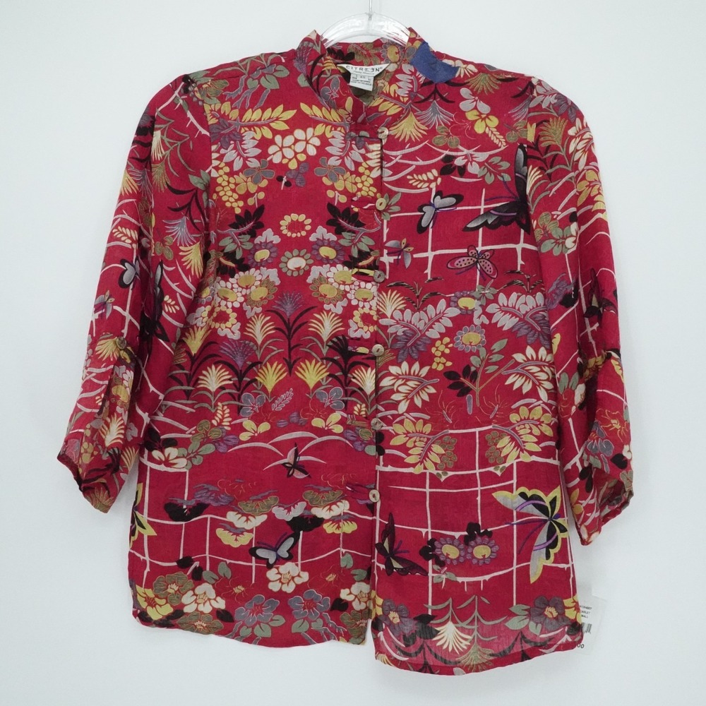 Citron Blouse Womens XS Red Silk Floral Mandarin Collar Button Boho Artsy‎